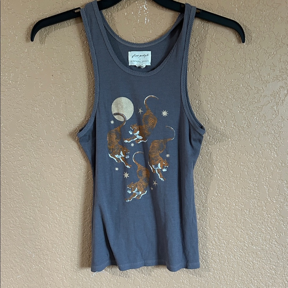 Free People Gray Tank Top with Tiger and Moon Design